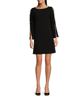 Donna Karan Boat Neck Long Open Sleeve Cady Crepe Sheath Dress