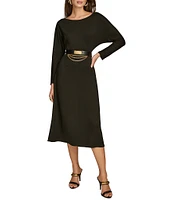 Donna Karan Boat Neck Long Sleeve Belted Scuba A Line Midi Dress