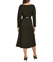 Donna Karan Boat Neck Long Sleeve Belted Scuba A Line Midi Dress