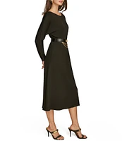 Donna Karan Boat Neck Long Sleeve Belted Scuba A Line Midi Dress