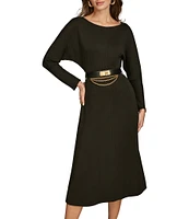 Donna Karan Boat Neck Long Sleeve Belted Scuba A Line Midi Dress