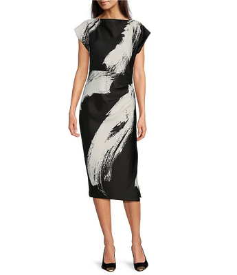 Donna Karan Boat Neck Short Sleeve Ruched Waist Scuba Midi Dress