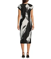 Donna Karan Boat Neck Short Sleeve Ruched Waist Scuba Midi Dress