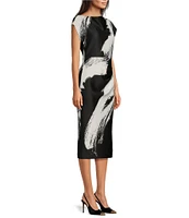 Donna Karan Boat Neck Short Sleeve Ruched Waist Scuba Midi Dress