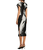 Donna Karan Boat Neck Short Sleeve Ruched Waist Scuba Midi Dress