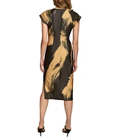 Donna Karan Boat Neck Short Sleeve Ruched Waist Scuba Midi Dress