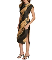 Donna Karan Boat Neck Short Sleeve Ruched Waist Scuba Midi Dress