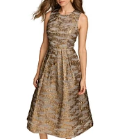 Donna Karan Brocade Crew Neck Sleeveless Metallic A-Line Midi Dress