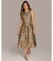 Donna Karan Brocade Crew Neck Sleeveless Metallic A-Line Midi Dress