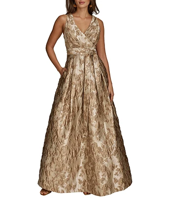 Donna Karan Brocade V-Neck Sleeveless Tie Sash Ball Gown