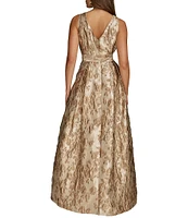 Donna Karan Brocade V-Neck Sleeveless Tie Sash Ball Gown