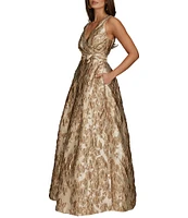 Donna Karan Brocade V-Neck Sleeveless Tie Sash Ball Gown