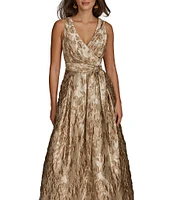 Donna Karan Brocade V-Neck Sleeveless Tie Sash Ball Gown