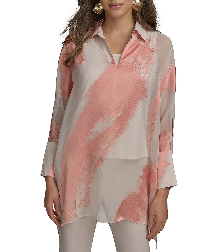 Donna Karan Brushstroke Burnout Spread Collar Long Sleeve Tunic