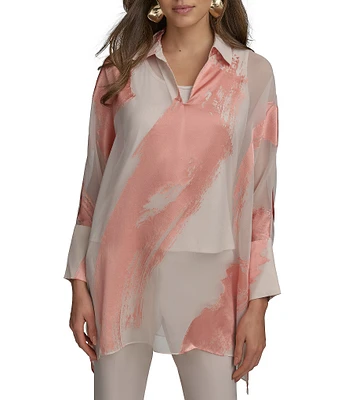 Donna Karan Brushstroke Burnout Spread Collar Long Sleeve Tunic
