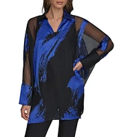 Donna Karan Brushstroke Burnout Spread Collar Long Sleeve Tunic