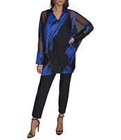 Donna Karan Brushstroke Burnout Spread Collar Long Sleeve Tunic