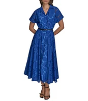Donna Karan Burnout Notch Collar Short Sleeve Belted Button Front Midi Dress