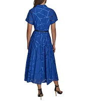 Donna Karan Burnout Notch Collar Short Sleeve Belted Button Front Midi Dress