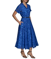 Donna Karan Burnout Notch Collar Short Sleeve Belted Button Front Midi Dress