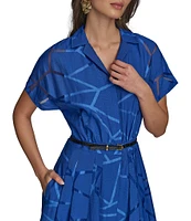 Donna Karan Burnout Notch Collar Short Sleeve Belted Button Front Midi Dress