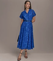 Donna Karan Burnout Notch Collar Short Sleeve Belted Button Front Midi Dress