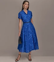 Donna Karan Burnout Notch Collar Short Sleeve Belted Button Front Midi Dress