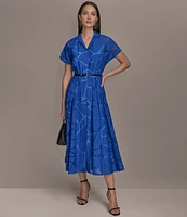 Donna Karan Burnout Notch Collar Short Sleeve Belted Button Front Midi Dress