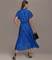 Donna Karan Burnout Notch Collar Short Sleeve Belted Button Front Midi Dress