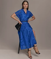 Donna Karan Burnout Notch Collar Short Sleeve Belted Button Front Midi Dress