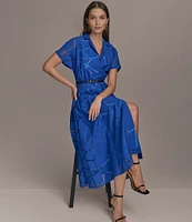 Donna Karan Burnout Notch Collar Short Sleeve Belted Button Front Midi Dress