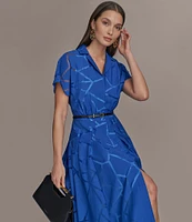 Donna Karan Burnout Notch Collar Short Sleeve Belted Button Front Midi Dress