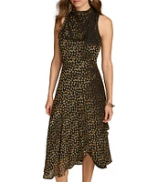 Donna Karan Burnout Velvet Dot High Cowl Neck Sleeveless Midi Dress