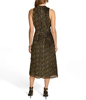 Donna Karan Burnout Velvet Dot High Cowl Neck Sleeveless Midi Dress