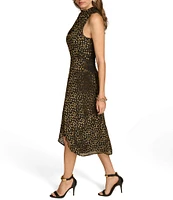 Donna Karan Burnout Velvet Dot High Cowl Neck Sleeveless Midi Dress