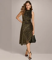 Donna Karan Burnout Velvet Dot High Cowl Neck Sleeveless Midi Dress