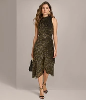 Donna Karan Burnout Velvet Dot High Cowl Neck Sleeveless Midi Dress