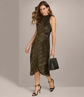 Donna Karan Burnout Velvet Dot High Cowl Neck Sleeveless Midi Dress