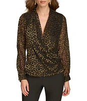 Donna Karan Burnout Velvet Dot Long Sleeve Faux Wrap Top