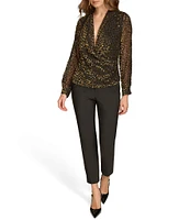 Donna Karan Burnout Velvet Dot Long Sleeve Faux Wrap Top