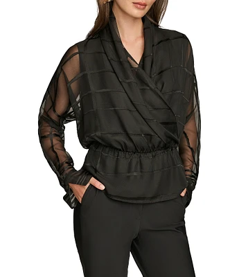 Donna Karan Burnout Woven Stripe Long Sleeve Faux Wrap Top