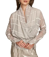 Donna Karan Burnout Woven Stripe Long Sleeve Faux Wrap Top