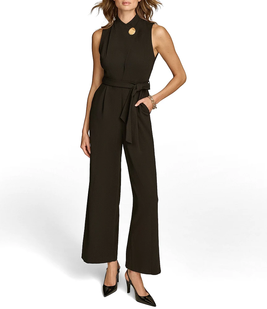 Donna Karan Cady Crepe Mock Neck Sleeveless Wide Leg Tie Waist Belt Jumpsuit