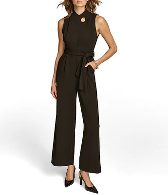 Donna Karan Cady Crepe Mock Neck Sleeveless Wide Leg Tie Waist Belt Jumpsuit