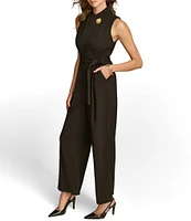 Donna Karan Cady Crepe Mock Neck Sleeveless Wide Leg Tie Waist Belt Jumpsuit