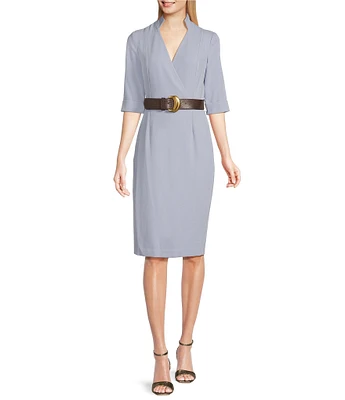 Donna Karan Cady Crepe V-Neck Short Sleeve Belted Sheath Dress