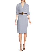 Donna Karan Cady Crepe V-Neck Short Sleeve Belted Sheath Dress