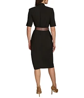 Donna Karan Cady Crepe V-Neck Short Sleeve Belted Sheath Midi Dress