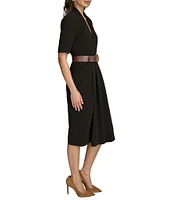 Donna Karan Cady Crepe V-Neck Short Sleeve Belted Sheath Midi Dress