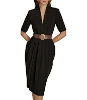 Donna Karan Cady Crepe V-Neck Short Sleeve Belted Sheath Midi Dress
